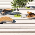 Modern Curved Landscape Seats with Wooden Surface and Metal Frame in Urban Square with Trees