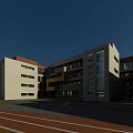 Modern Campus School Building With Multi Story Structure Green Playground And Lush Trees