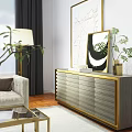 Modern Beige Sofa and Coffee Table Set with Golden Frame and Potted Plant Decor