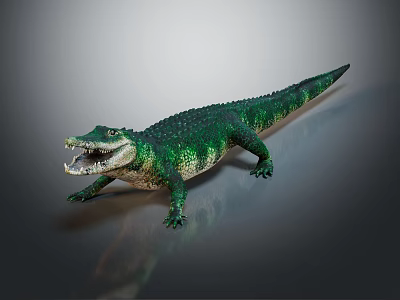 Green Crocodile With Open Mouth And Textured Skin Standing On Dark Surface 3d model