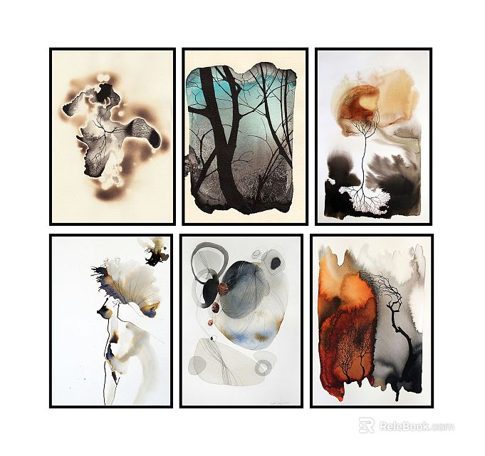 Modern Abstract Ink Style Wall Art Paintings with Black Frames and Multiple Colors 3d model 