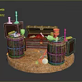 Vintage Adventure Scene Setup With Wooden Barrels Treasure Chest And Candlesticks