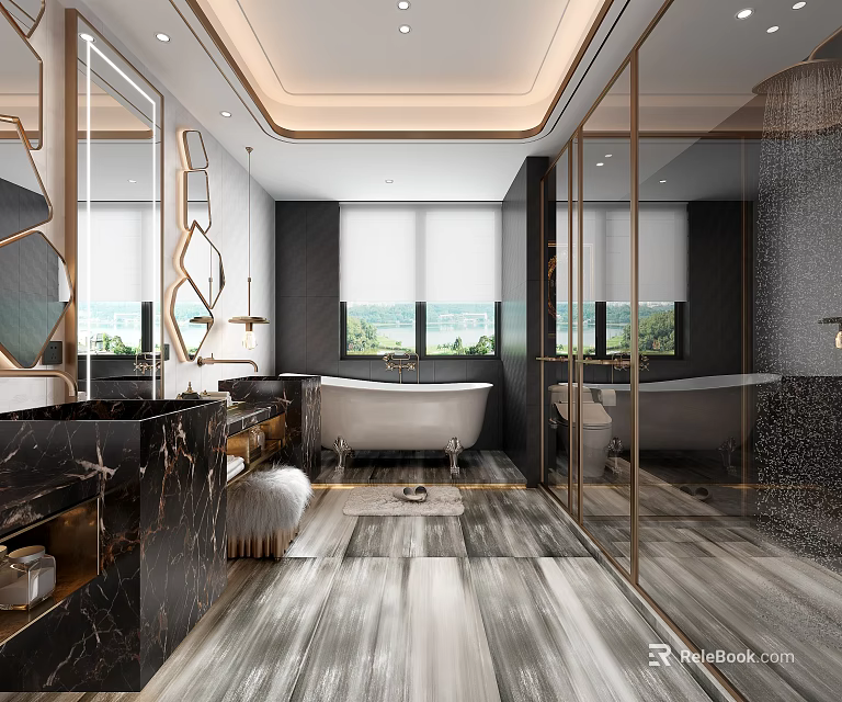Modern Luxury Bathroom With Freestanding Bathtub Glass Shower Double Marble Vanity And Elegant Lighting 3d model 