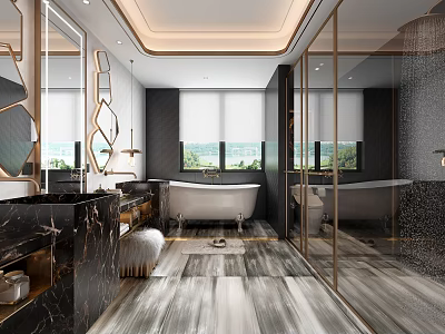 Modern Luxury Bathroom With Freestanding Bathtub Glass Shower Double Marble Vanity And Elegant Lighting 3d model