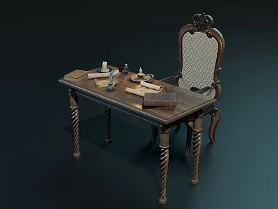 Classic Office Chair With Intricate Carved Backrest And Wooden Desk With Books 3d model