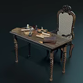 Classic Office Chair With Intricate Carved Backrest And Wooden Desk With Books