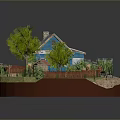 Blue Miniature House Model With White Tile Roof Green Trees And Wooden Fence