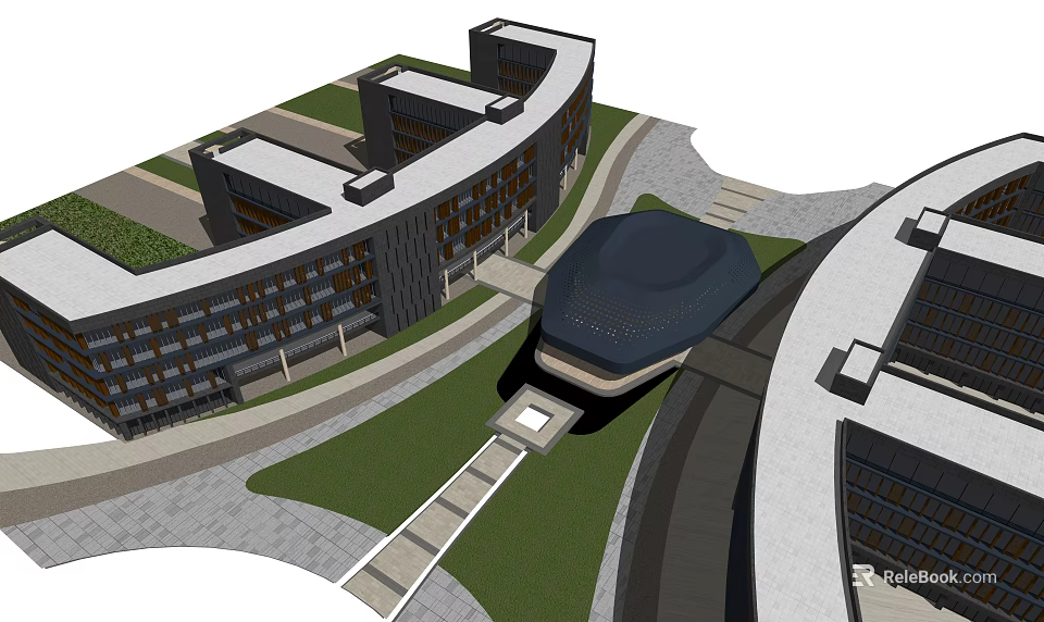 Modern Office Building Complex With Interconnected Structures And Landscaped Green Areas 3d model