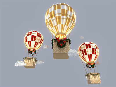 Three Red And White Checkered Hot Air Balloon Inflatables With Wreaths Baskets And Small Clouds 3d model