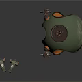 Mechanical Spherical Weapon With Green Orange Surface And Metal Structural Parts