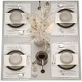 Modern Ceramic Dinnerware Set With Striped Placemats Decorative Glassware And Dried Plant Decor