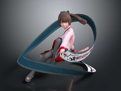 Anime Female Character With Pink Top Dark Pants And Blue Ribbon With White Patterns 3d model