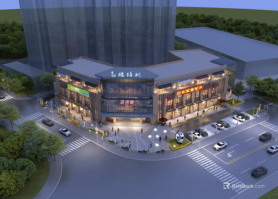 Vibrant Modern Commercial Street With Trees Parked Cars Pedestrians And Shop Lighting 3d model 