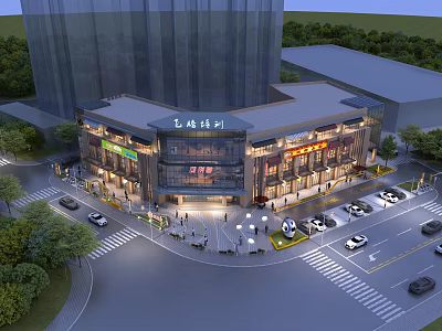 Vibrant Modern Commercial Street With Trees Parked Cars Pedestrians And Shop Lighting 3d model