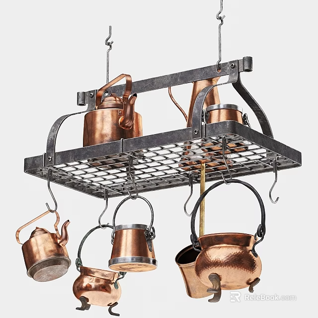 Hanging Copper Tableware Set With Kettles And Pots For Kitchen Storage Rack 3d model 