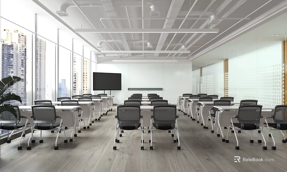 Modern Spacious Conference Room Interior With Large Windows Conference Tables And Wall Screen 3d model 