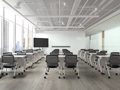 Modern Spacious Conference Room Interior With Large Windows Conference Tables And Wall Screen 3d model