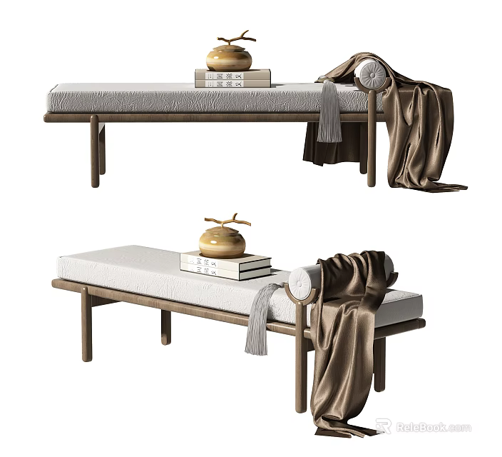 Modern Ottoman With Wooden Frame Light Cushion Golden Decorative Object Books And Brown Blanket 3d model 