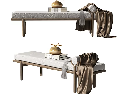 Modern Ottoman With Wooden Frame Light Cushion Golden Decorative Object Books And Brown Blanket 3d model