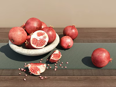 Fresh Pomegranates in Bowl with Halved Fruit Seeds and Whole Ones Scattered on Wooden Table 3d model