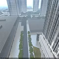 Aerial Planning View of Urban High Rise Buildings With Tree Lined Road And Greenery
