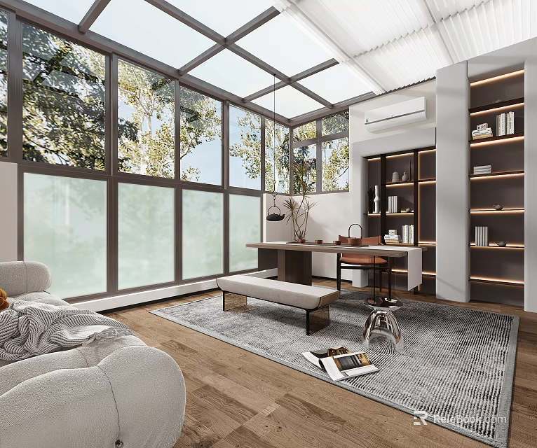 Sunlit Tea Room With Large Windows Cozy Sofa And Bookshelves 3d model 