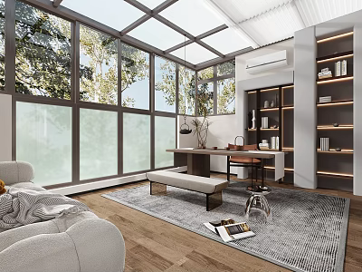 Sunlit Tea Room With Large Windows Cozy Sofa And Bookshelves 3d model