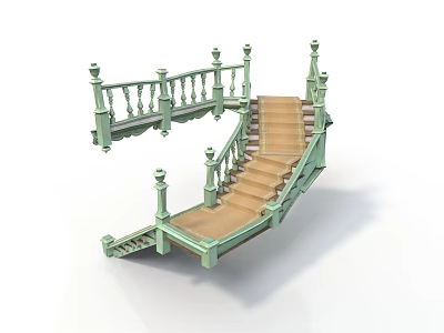 Curved Staircase Design With Green Railings Wooden Steps And Decorative Posts 3d model