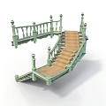 Curved Staircase Design With Green Railings Wooden Steps And Decorative Posts