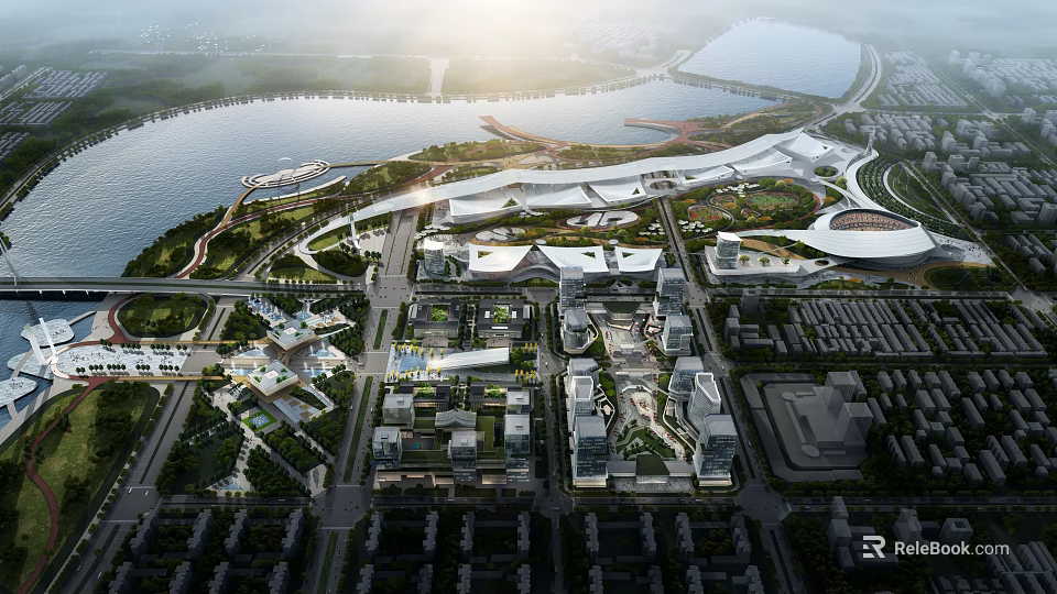 Aerial Planning of Modern Urban Landscape with River Buildings Roads and Green Spaces 3d model 
