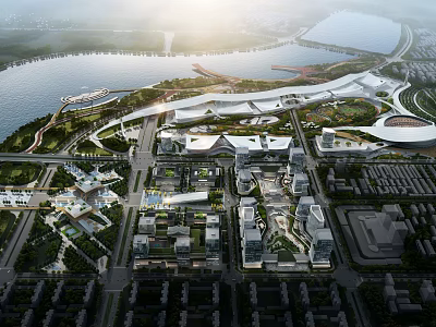 Aerial Planning of Modern Urban Landscape with River Buildings Roads and Green Spaces 3d model