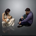 Parents With Two Children Cuddling Together On Gray Backdrop With Reflections 3d model