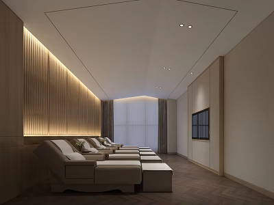 Modern SPA Sauna Interior With Wooden Walls LED Lighting Loungers Footstools And Herringbone Flooring 3d model