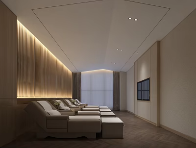 Modern SPA Sauna Interior With Wooden Walls LED Lighting Loungers Footstools And Herringbone Flooring 3d model