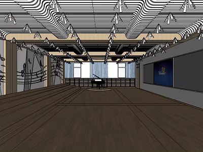 School Music Classroom with Piano Music Notes Wooden Floor and Large Windows 3d model