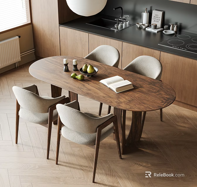 Oval Wooden Dining Table With Four Light Gray Chairs In Modern Kitchen With Wooden Cabinets 3d model 