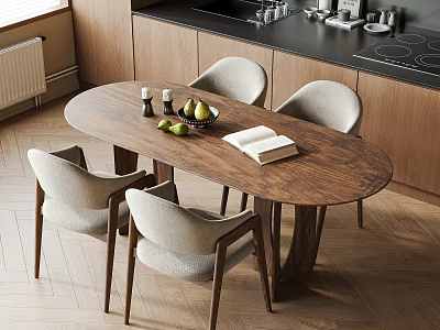 Oval Wooden Dining Table With Four Light Gray Chairs In Modern Kitchen With Wooden Cabinets 3d model