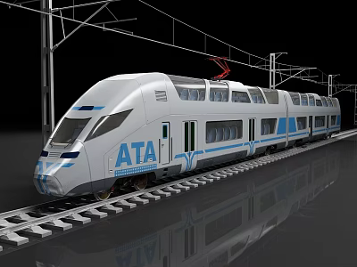 Modern ATA High Speed Train With White Body And Blue Stripes On Railway Track 3d model