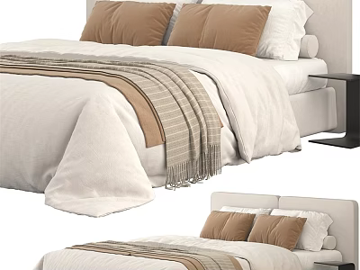 Modern Double Bed With Beige Pillows White Bedding Striped Throw Blanket And Nightstand 3d model