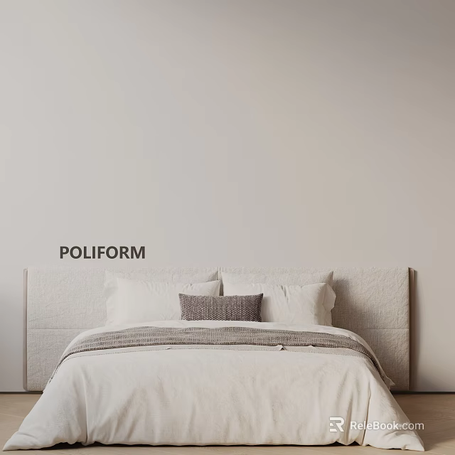 POLIFORM Minimalist Modern Double Bed With Upholstered Headboard White Pillows And Textured Blanket 3d model 