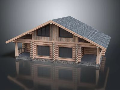 Detached Log Cabin House With Gray Roof Wooden Log Walls And Front Porch 3d model