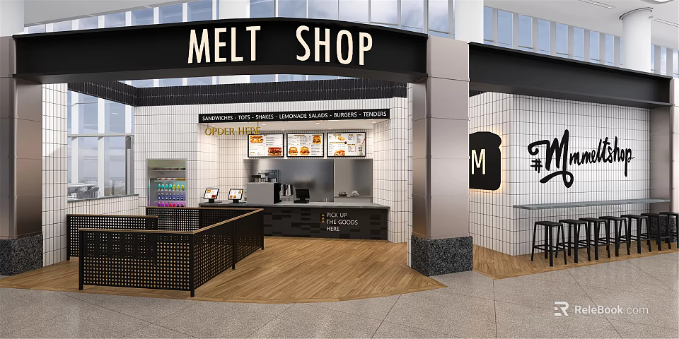 Melt Shop Restaurant Modern Interior Featuring Service Counter Menu Boards Tables Stools And Tiled Walls 3d model 