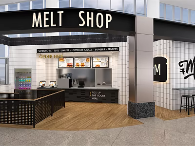 Melt Shop Restaurant Modern Interior Featuring Service Counter Menu Boards Tables Stools And Tiled Walls 3d model