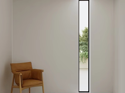 Interior Room With Brown Chair And Slim Window Showing Green Plants Outside 3d model