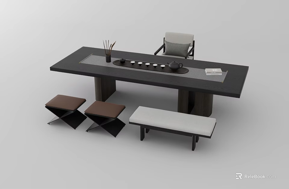 Modern Minimalist Tea Table and Chairs with Wooden Top Upholstered Seats and Tea Set 3d model 