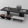 Modern Minimalist Tea Table and Chairs with Wooden Top Upholstered Seats and Tea Set