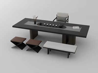 Modern Minimalist Tea Table and Chairs with Wooden Top Upholstered Seats and Tea Set 3d model