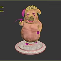 Cheerful Cartoon Pink Pig With Spiky Hair Holding Green Grass Standing On White Platform