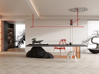 Modern Study Room Interior Design With Writing Desk Red Chair Bookshelf And Green Plant 3d model