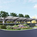 Garden Landscape Design With Covered Shelter Green Trees And Colorful Flowers